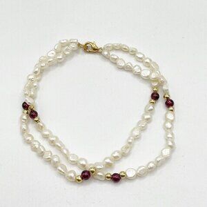 Vintage Double Strand Freshwater Rice Pearl Garnet Gold Bead Bracelet 7.5"
